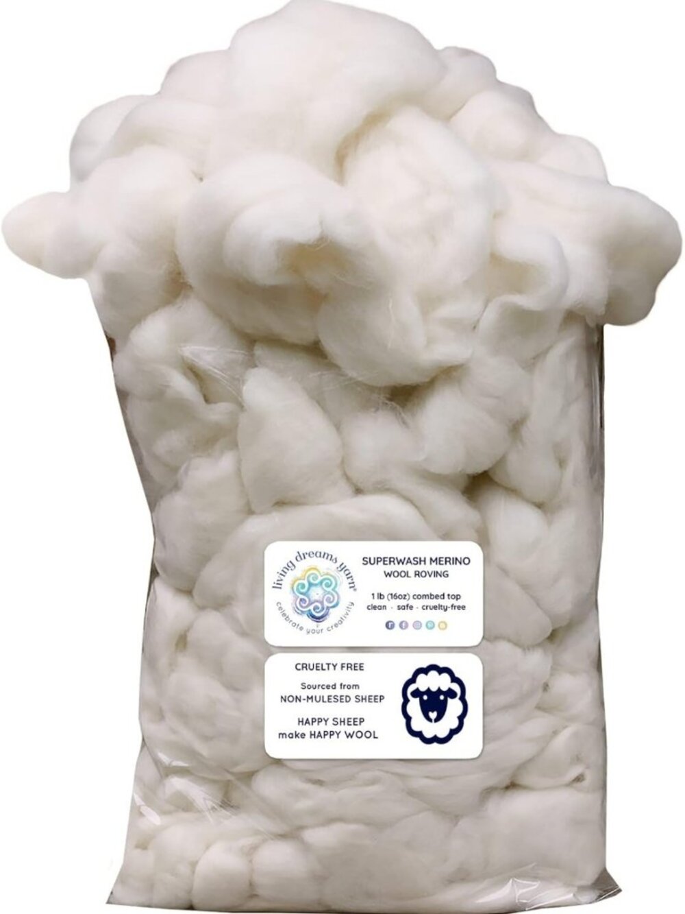 Natural White Superwash Merino Wool Roving - 1 LB Combed Top for Knitting